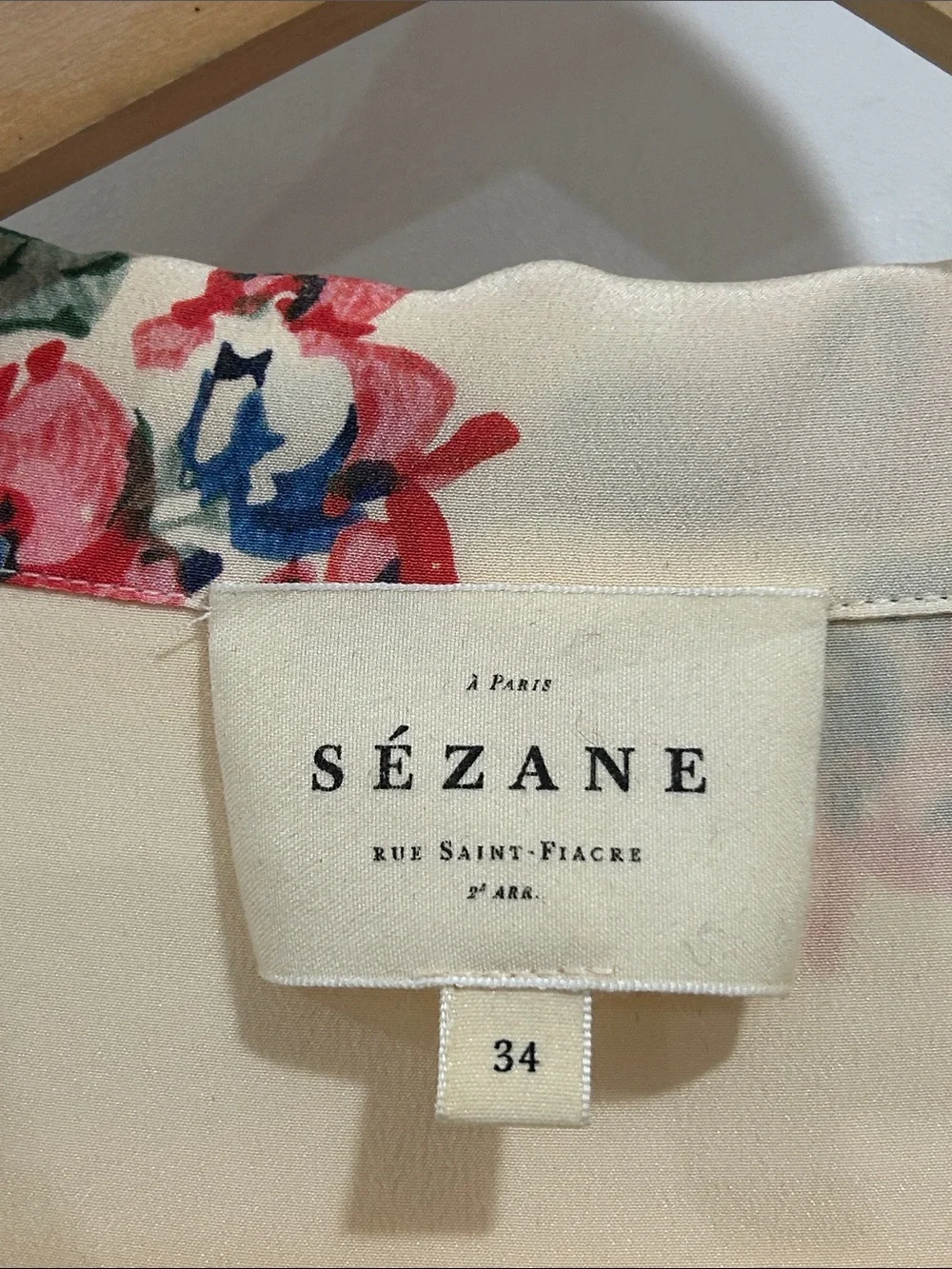 Sezane Pierro Silk Cream Floral Long Sleeve V Neck Button Up Blouse Top - 34